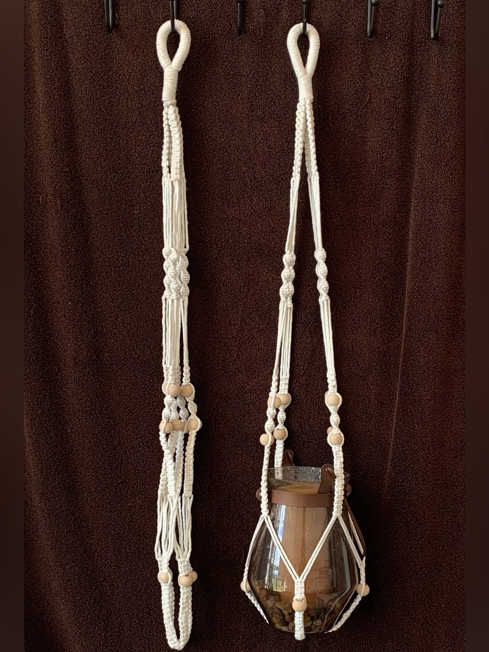 Handmade Macrame Plant Hanger with Wooden Beads - Cream (set of 2)